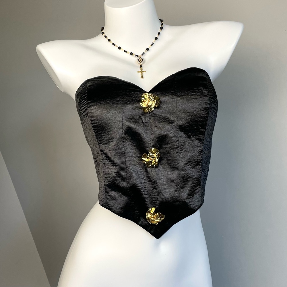 Black Strapless Bustier Top With Gold Accents